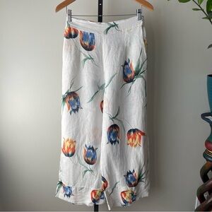 Linen Wide Leg Floral Trouser Pants High Rise White Italian Italy Size Large XL